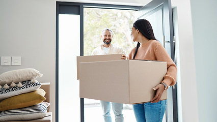 Image showing Happy people moving, new house and carrying box, man and woman, real estate property and home owner. Mortgage, couple walking in front door and partnership with smile, relationship and relocation