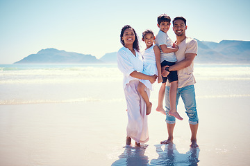 Image showing Beach, family and portrait of parents with kids, smile and bonding together on ocean vacation mockup. Sun, fun and happiness for hispanic man, woman and children on summer holiday adventure in Mexico