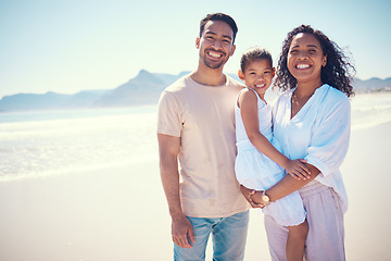 Image showing Beach, family and portrait of parents with kid, smile and happy bonding together on ocean vacation. Sun, fun and happiness for hispanic man, woman and girl child on summer holiday adventure in Mexico