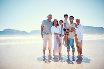 Image showing Beach, big family and portrait of grandparents, kids and parents, smile and bonding on ocean vacation mockup. Sun, fun and happiness for hispanic men, women and children on summer holiday in Mexico.