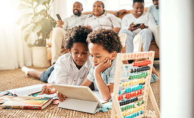 Image showing Tablet, elearning and relax of children on floor of living room for movies, education and homework. Study, technology and digital with siblings at home for remote school, streaming and internet