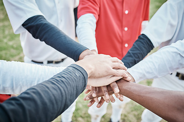 Image showing Hands, motivation or baseball people in huddle with support, hope or faith on sports field in game together. Closeup of teamwork, collaboration or group of softball athletes with goals or solidarity