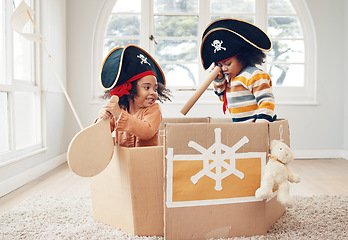 Image showing Playing, box ship and pirate kids role play, fantasy imagine or pretend as yacht captain in cardboard container. Creative sailor, fun home game or sailing black children on Halloween cruise adventure