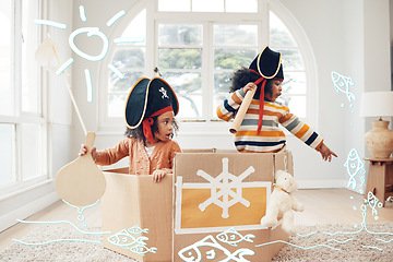 Image showing Play, box ship or pirate children point at fantasy fish, role play, or pretend in cardboard container. Boat trip, fun home game or sailing black kids on Halloween cruise journey with yacht captain