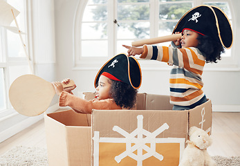 Image showing Pirate, box and playing with children in living room for bonding, imagine and creative. Happy, youth and siblings with girls sailing in cardboard ship in family home for relax, fantasy and games