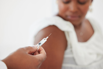 Image showing Hand, covid vaccine and a patient with her doctor in the hospital for an injection of medicine or antibiotics. Healthcare, medical and a consulting with a male medicine professional holding a syringe