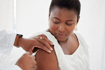 Image showing Hand, covid vaccine and a black woman with her doctor in the hospital for an injection of medicine antibiotics. Healthcare, medical or consulting with a male healthcare professional holding a syringe