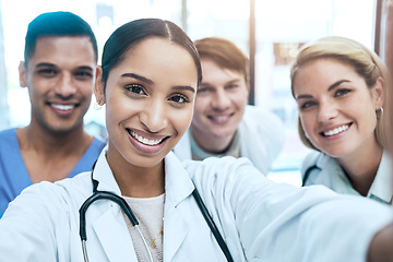 Image showing Portrait selfie of doctors, nurses or healthcare group of people for social media or medical teamwork. Face of diversity women and internship people smile in profile picture for career post or memory