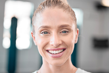 Image showing Woman, fitness and face, happy in gym and portrait with motivation, exercise and training at sports club. Health, active lifestyle and headshot with female and smile with workout and wellness