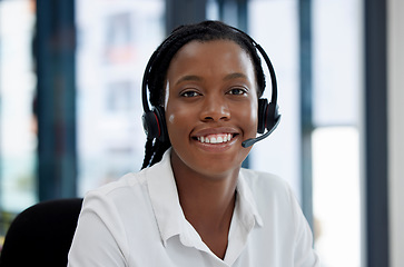 Image showing Black woman, call center employee and smile in portrait, communication and CRM, headset and headshot. Contact us, customer service or telemarketing with sales, happy female consultant and help desk