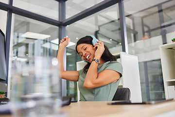 Image showing Headphones, music and happy woman in office dancing for career happiness, mental health and job celebration. Black person, employee or business worker listening to audio tech for workplace wellness