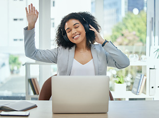 Image showing Happy woman, dance and music headphones on office laptop for fun, energy and corporate freedom. Smile, employee and dancing worker listening to audio, podcast or headset radio on business technology