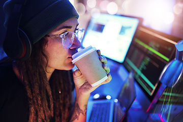 Image showing Computer, coffee or woman hacker in dark room at night for coding, phishing or researching blockchain. Data analysis, programmer or girl hacking online in digital cybersecurity on global ai website