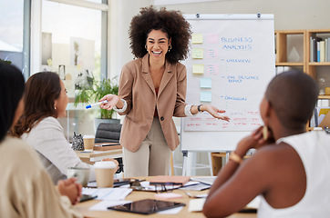 Image showing Meeting, happy woman speaker and women employee group with business analysis presentation. Whiteboard, business worker and happiness of staff from collaboration and report teamwork of working team