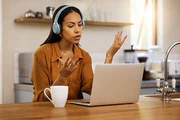 Image showing Video call, remote work and woman on laptop in meeting for virtual discussion, strategy and planning at home. Freelance, business and girl with headphones for seminar, working online and conversation