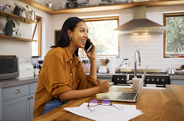 Image showing Woman, phone call and remote work with laptop, conversation and communication with technology. Female freelance employee talking, working from home with networking or telemarketing, sales and telecom