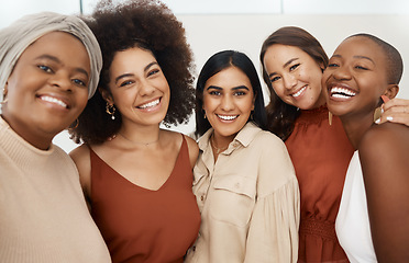 Image showing Happy woman, friends and portrait smile for selfie, profile picture or social media business at the office. Excited or friendly group of women face smiling for photo, vlog or online post at workplace