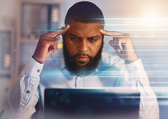 Image showing Thinking, finance hologram and black man on laptop working on stock trading, data analytics and research. Digital overlay, business and male worker with ideas, brainstorming and strategy on computer