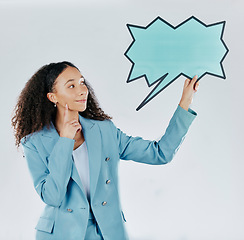Image showing Business woman, speech bubble and thinking in studio for mockup, opinion and space by white background. Happy entrepreneur, smile and ideas for social media, mock up and happiness for company promo