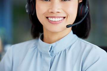 Image showing Asian woman, call center employee and smile with face, communication and CRM, headset with mic and closeup. Contact us, customer service or telemarketing, happy female consultant and help desk