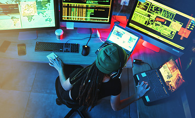 Image showing Coding hacker, woman programmer and computer work for cybersecurity, programming and big data. Hack above, dashboard and technology of a female working on futuristic, iot and software database