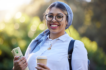 Image showing Study, portrait and happy woman at park, university campus or outdoor distance learning, education and reading. Muslim, islamic or arabic student with school book for research or college knowledge