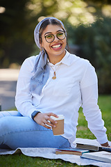 Image showing Study, portrait and happy woman at park, university campus or outdoor distance learning, education or reading. Muslim, islamic or arabic student with books for research, studying or college knowledge