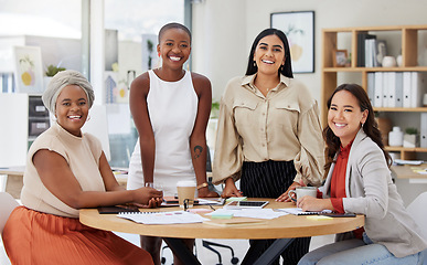 Image showing Team, diversity and business women, portrait with smile and meeting with collaboration and planning at startup. Female group, confidence and happy employees, working together and project strategy