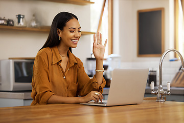 Image showing Video call, remote work and woman with hello on laptop in virtual meeting, strategy and planning at home. Freelance, business and girl wave for seminar, online discussion and conversation on computer