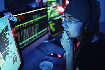 Image showing Woman, computer and hacker thinking with headphones and programming for cybersecurity. Music, radio podcast and female reading map for hacking, location or phishing, idea or dark web at night in home