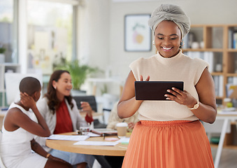 Image showing Black woman, business and tablet, leadership and technology, presentation and speaker with team leader. Happy female, check digital device and meeting, professional with smile and internet search