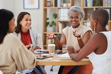 Image showing Business women, meeting and leader talking, discussion or conversation in office workplace. Diversity, teamwork and cooperation for group happiness of employees, staff or people planning together.