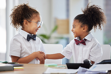 Image showing Handshake, playful and girls dressed as employees, welcoming and thanking in an office. Happy, team and little children playing business, pretending to be at work and shaking hands for partnership