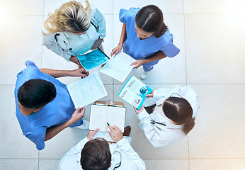 Image showing Doctor, team and documents in collaboration above in healthcare planning, meeting or brainstorming at hospital. Group of medical professionals with paperwork in teamwork, strategy or ideas at clinic