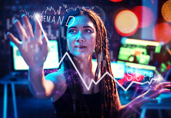 Image showing Woman hacker, night and hologram overlay for economy, online banking system and graph for data analysis. IT expert, dark web and cyber crime in computer lab with holographic display for market trend