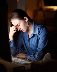 Image showing Tired, night and headache of woman at desk depression, burnout and mental health risk for project deadline or overworked. Business person or online worker with stress, fatigue, sad or migraine