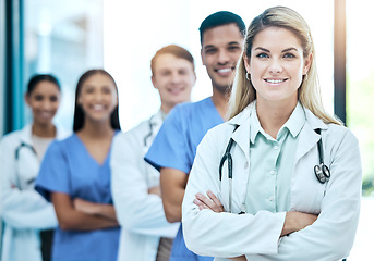 Image showing Proud portrait, team of doctors with healthcare service, leadership and happy teamwork in hospital diversity. Professional medical woman manager and people with mindset for clinic or health career