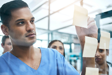 Image showing Planning, brainstorming and doctors on glass, sticky note and training in hospital management, workflow or priority. Medical professional, focused people or nurses writing ideas, solution or reminder