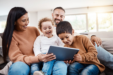 Image showing Family, tablet and children learning online in the living room of home with happy parents for child development. Education, funny video or internet with a father, mother and kids bonding on the sofa