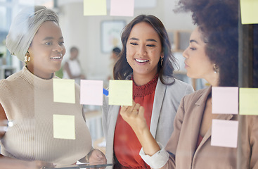 Image showing Team, brainstorming and diversity, business people at board and writing ideas, sticky note on glass with collaboration. Planning, meeting and women work together, female group and teamwork strategy