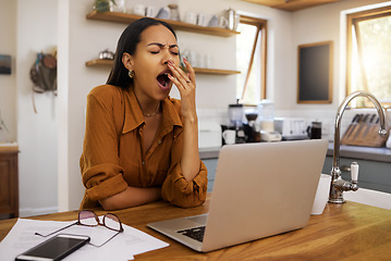 Image showing Woman is tired, yawning and remote work with laptop, burnout and overworked with bored employee. Working from home, freelancer and fatigue, connectivity and exhausted with professional female