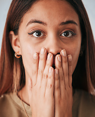 Image showing Portrait, woman closeup and surprise in a studio with a female cover mouth from shock. Isolated, grey background and hands on a face of a young person model with wow, worry and alert reaction