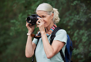 Image showing Woman, hiking and photography with camera in nature, outdoor or green environment. Female hiker, tourist and travel photographer on trekking adventure, sightseeing journey or explore scenery in woods