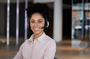 Image showing Smile, business and portrait of woman at call center for b2b connection, contact us and crm consulting. Telemarketing, customer support and female worker for friendly service, mockup space and help