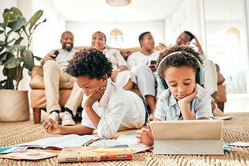 Image showing Tablet, elearning and streaming with children on floor of living room for relax, education and homework. Study, technology and digital with siblings at home for remote school, watching and internet