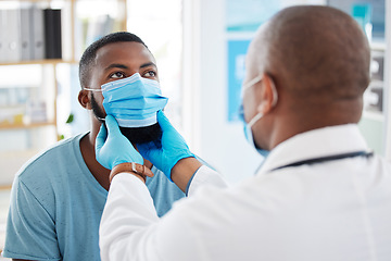 Image showing Doctor, check throat and patient with covid in hospital for symptoms, examination and consultation. Healthcare, black man and medical professional with face mask for treatment or checkup in clinic