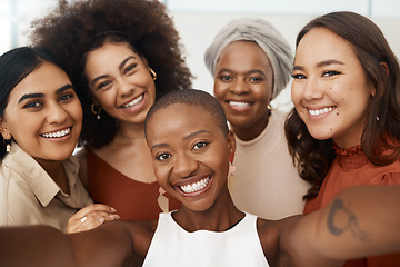 Image showing Business woman, friends and smile for selfie, profile picture or social media business at office. Portrait of happy and diverse group of women face smiling for photo, vlog or online post at workplace