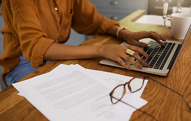 Image showing Hands, laptop and and woman in home office for planning, research or online communication in remote work. Keyboard, review and financial advisor typing budget, growth or freelancing and savings goal