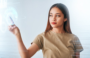 Image showing Hologram screen, earth and business woman with digital data feeling serious in a office. Employee, world graphic and global web information of a female planning with international stock market info