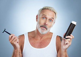 Image showing Shave, confused and portrait of a senior man in studio thinking with grooming razor. Isolated, grey background and elderly male model with hygiene, shaving cream and skincare routine with doubt